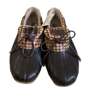 Sperry Top Sider Low Duck Boots Sz 7.5 Brown Plaid Waterproof Rain Shoes w/belt